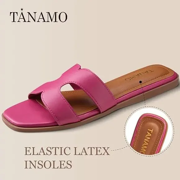 Tanamo Women's Sandals Girls Slides Narrow Dressy Flat Square Open Toe Pink SZ 7 - Picture 3 of 6